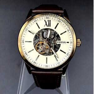 Fossil Flynn BQ2382 Automatic Men's Watch Skeleton Dial Leather Strap 48mm